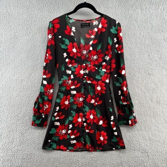 Urban Outfitters Michelle Plunging Floral Long Sleeve Mini Dress Red Flowers - Picture 2 of 12